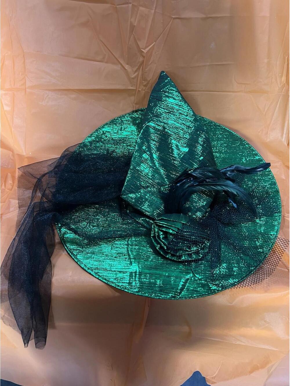 Green Halloween Witch Hat with Feathers and Black Lace ...